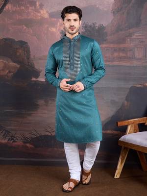 men's designer art silk green kurta set with sequins accent 1