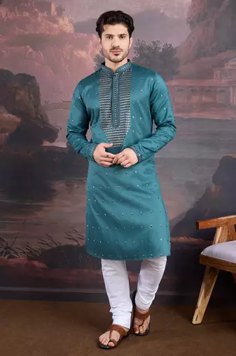 men's designer art silk green kurta set with sequins accent