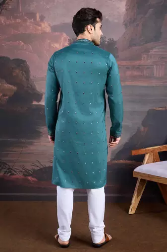 men's designer art silk green kurta set with sequins accent