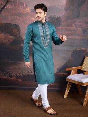 men's designer art silk green kurta set with sequins accent 3