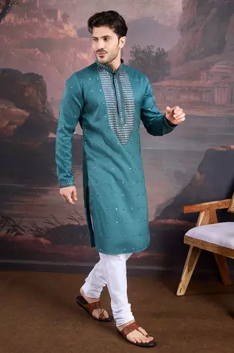 men's designer art silk green kurta set with sequins accent