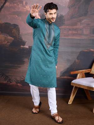 men's designer art silk green kurta set with sequins accent 4
