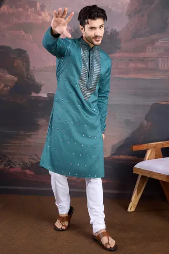 men's designer art silk green kurta set with sequins accent
