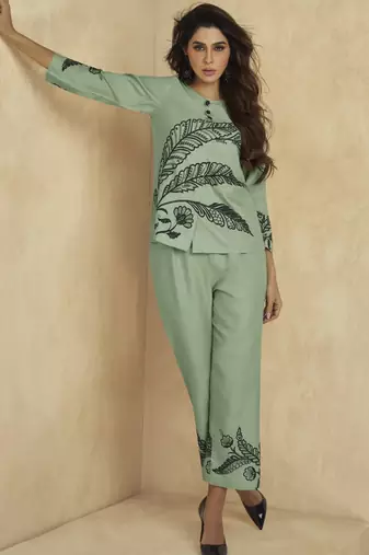 happy green embroidery co-ord set