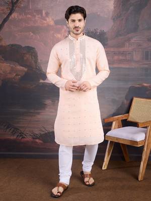 men's designer art silk peach kurta set with sequins accent 1