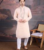 men's designer art silk peach kurta set with sequins accent
