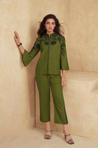 Winny moss green embroidery co-ord set
