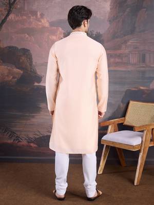 men's designer art silk peach kurta set with sequins accent 2