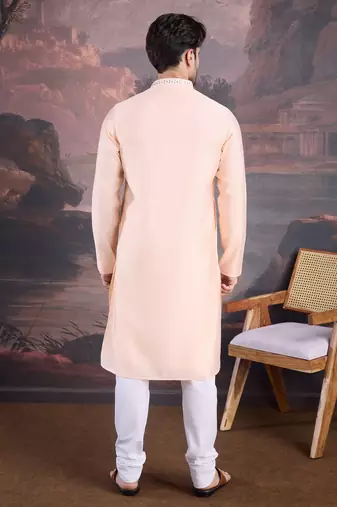 men's designer art silk peach kurta set with sequins accent