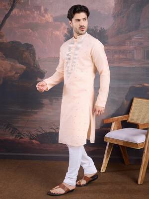 men's designer art silk peach kurta set with sequins accent 3