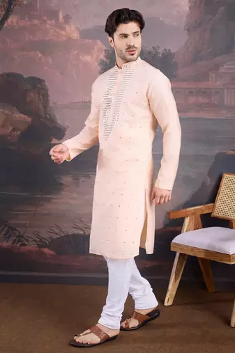 men's designer art silk peach kurta set with sequins accent