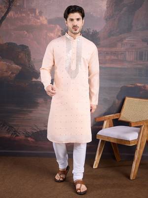 men's designer art silk peach kurta set with sequins accent 4