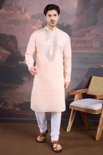 men's designer art silk peach kurta set with sequins accent