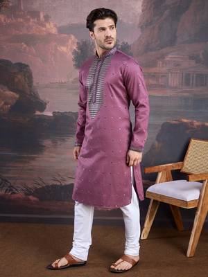 men's designer art silk purple kurta set with sequins accent 3