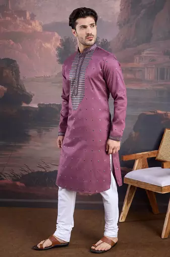 men's designer art silk purple kurta set with sequins accent