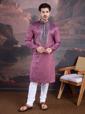 men's designer art silk purple kurta set with sequins accent 4