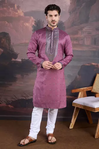 men's designer art silk purple kurta set with sequins accent