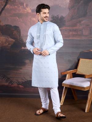 men's designer art silk sky blue kurta set with sequins accent 1