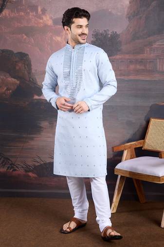 men's designer art silk sky blue kurta set with sequins accent