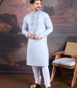 men's designer art silk sky blue kurta set with sequins accent