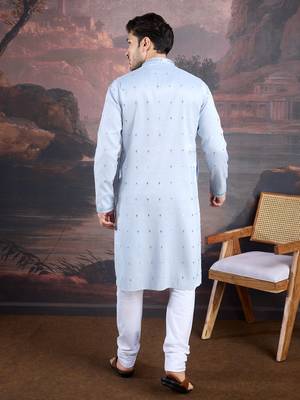 men's designer art silk sky blue kurta set with sequins accent 2