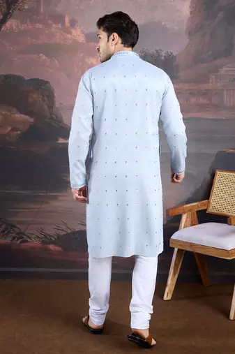 men's designer art silk sky blue kurta set with sequins accent