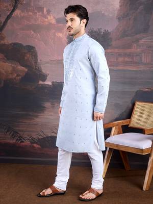 men's designer art silk sky blue kurta set with sequins accent 3