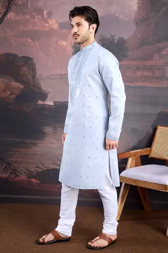 men's designer art silk sky blue kurta set with sequins accent
