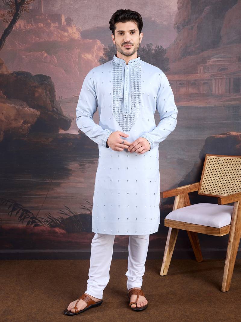 men's designer art silk sky blue kurta set with sequins accent
