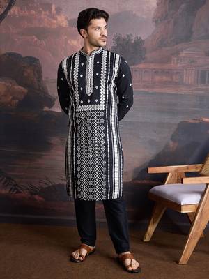 men's premium cotton embroidered sequinned kurta set in black 1