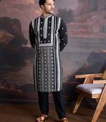 men's premium cotton embroidered sequinned kurta set in black