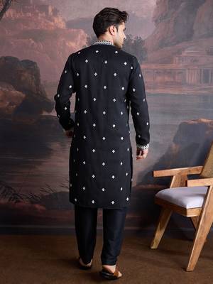 men's premium cotton embroidered sequinned kurta set in black 2