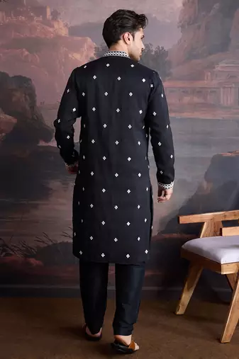 men's premium cotton embroidered sequinned kurta set in black