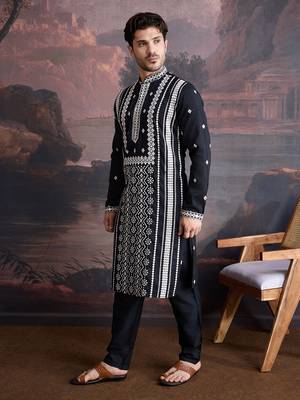 men's premium cotton embroidered sequinned kurta set in black 3