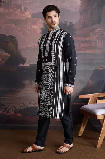 men's premium cotton embroidered sequinned kurta set in black