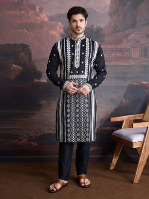 men's premium cotton embroidered sequinned kurta set in black 4