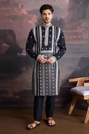 men's premium cotton embroidered sequinned kurta set in black