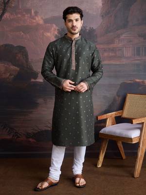 Men's stylish & designer deep green woven kurta set 1