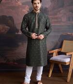 Men's stylish & designer deep green woven kurta set