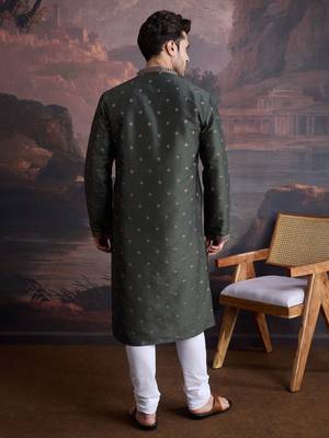 Men's stylish & designer deep green woven kurta set 2