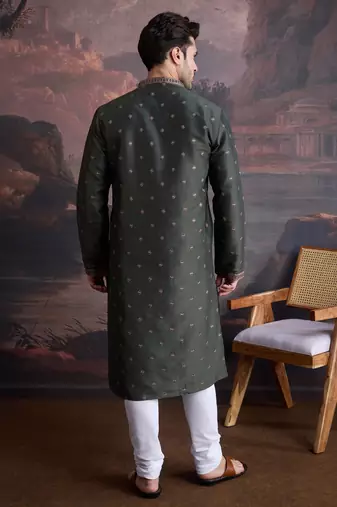 Men's stylish & designer deep green woven kurta set