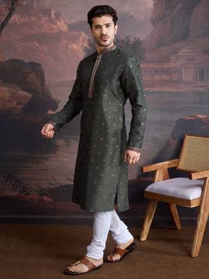 Men's stylish & designer deep green woven kurta set 3