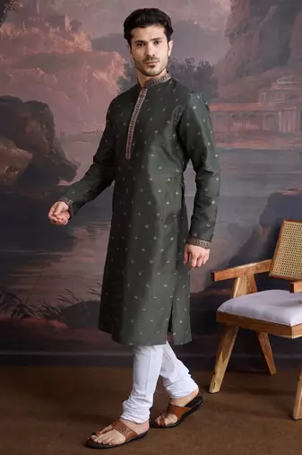 Men's stylish & designer deep green woven kurta set