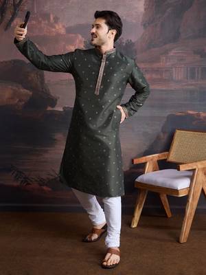 Men's stylish & designer deep green woven kurta set 4