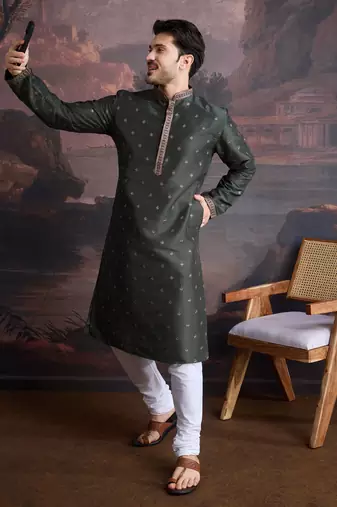 Men's stylish & designer deep green woven kurta set