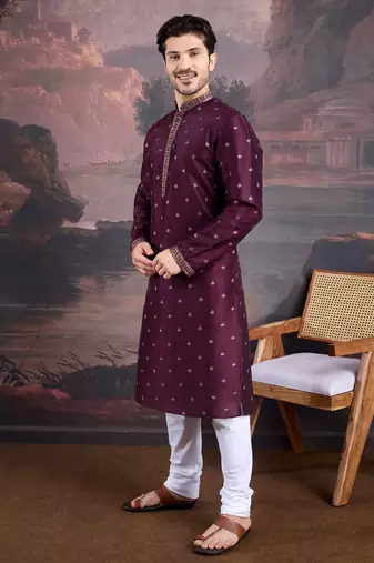 Men's stylish purple woven kurta set