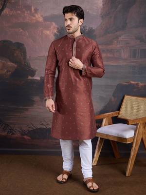 Men's stylish & designer red woven kurta set 4