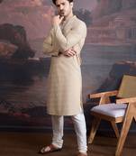 men's cotton chikankari stylish kurta set in beige