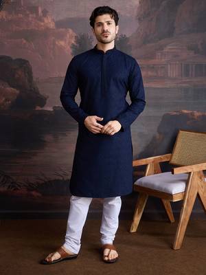 men's cotton chikankari stylish kurta set in blue 1