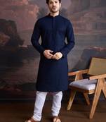 men's cotton chikankari stylish kurta set in blue